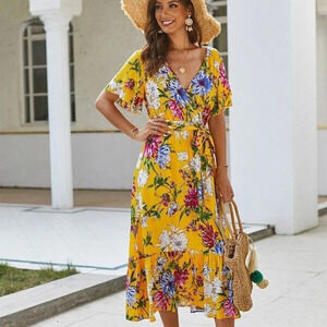 GAOVOT Women’s Size L Yellow Floral Elegant V-neck Belted Surplice Maxi Dress